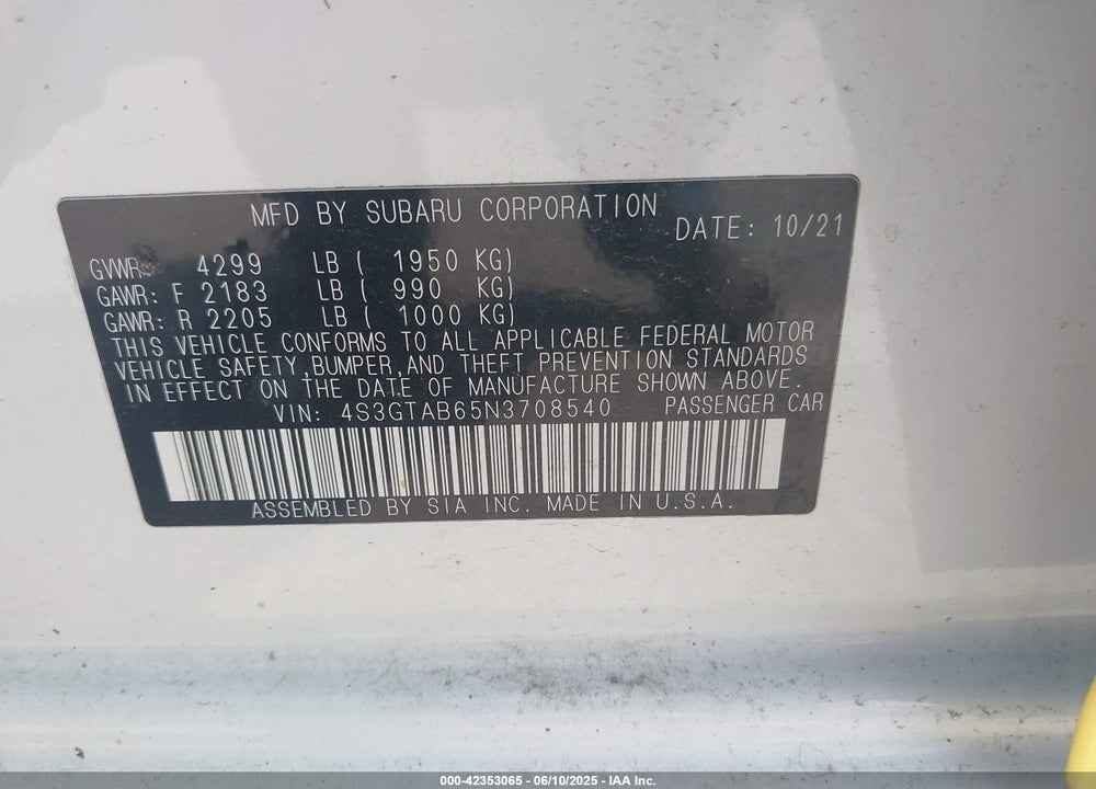 2022 SUBARU IMPREZA VIN: 4S3GTAB65N3708540