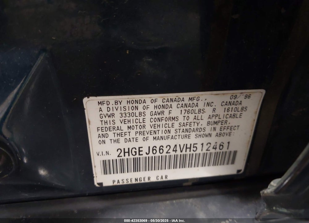 1997 HONDA CIVIC DX VIN: 2HGEJ6624VH512461