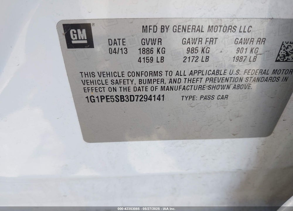 2013 CHEVROLET CRUZE 2LT AUTO VIN: 1G1PE5SB3D7294141