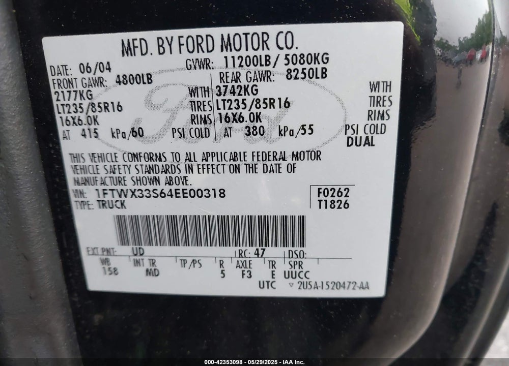 2004 FORD F 350 VIN: 1FTWX33S64EE00318