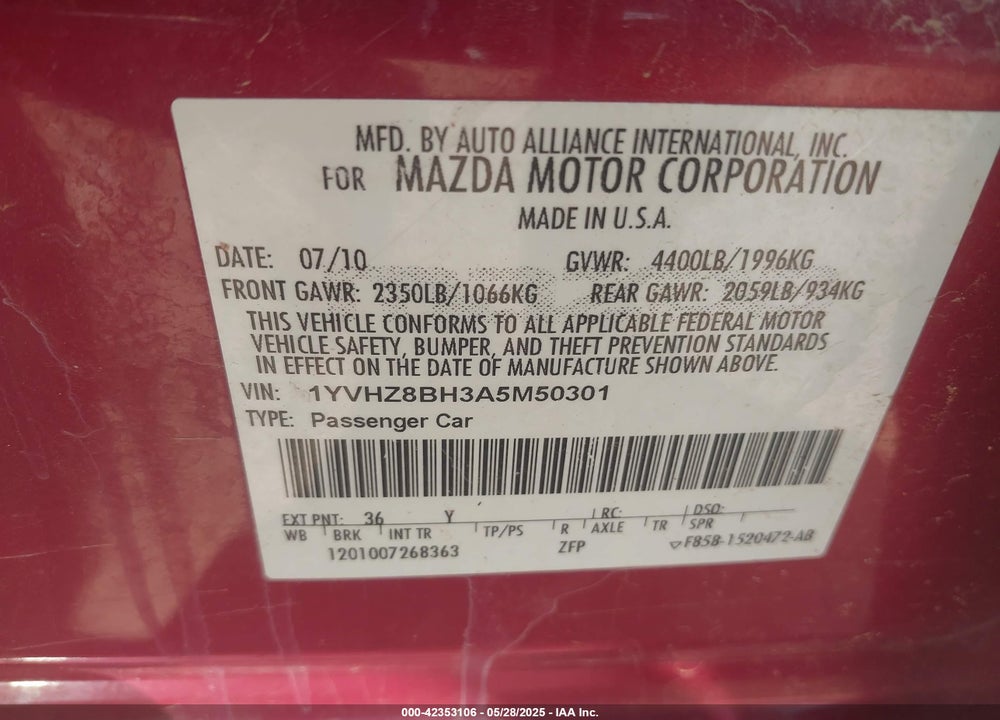 2010 MAZDA 6 I SPORT VIN: 1YVHZ8BH3A5M50301