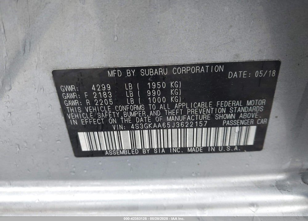 2018 SUBARU IMPREZA VIN: 4S3GKAA65J3622157