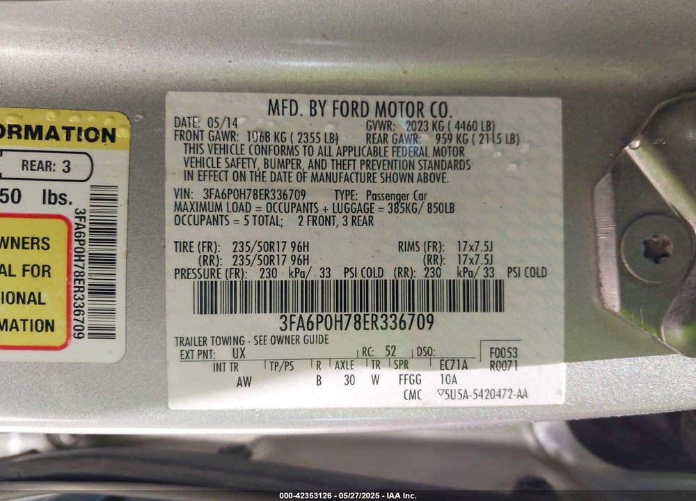 2014 FORD FUSION SE VIN: 3FA6P0H78ER336709