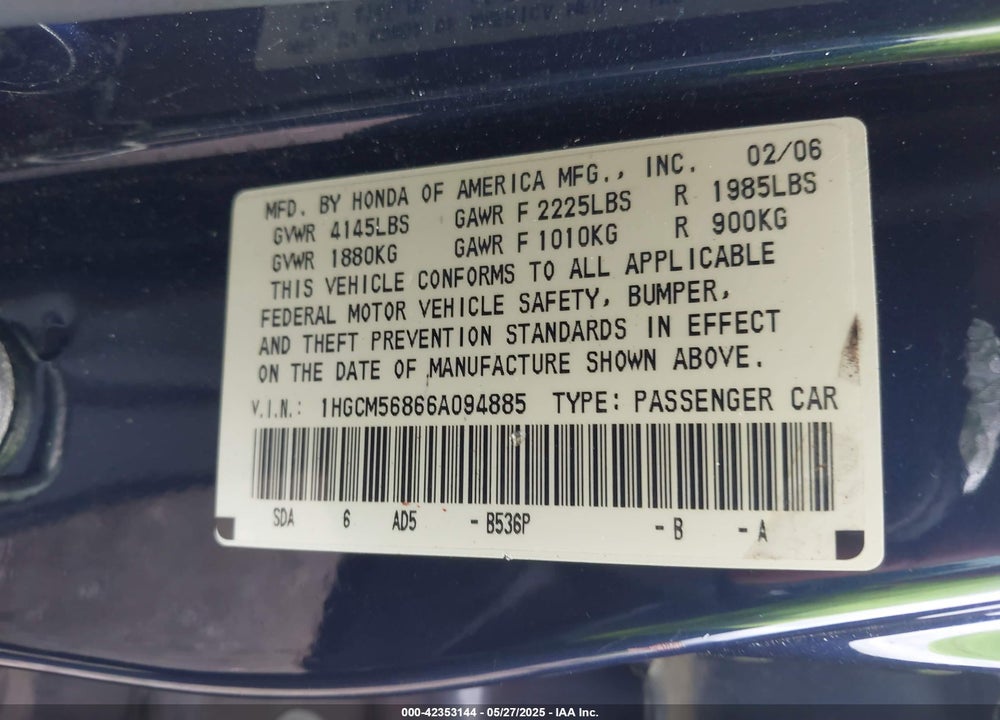 2006 HONDA ACCORD VIN: 1HGCM56866A094885