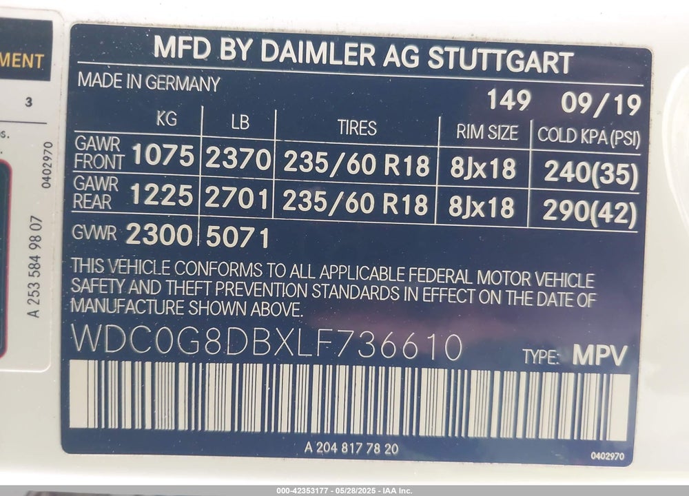 2020 MERCEDES-BENZ GLC 300 VIN: WDC0G8DBXLF736610