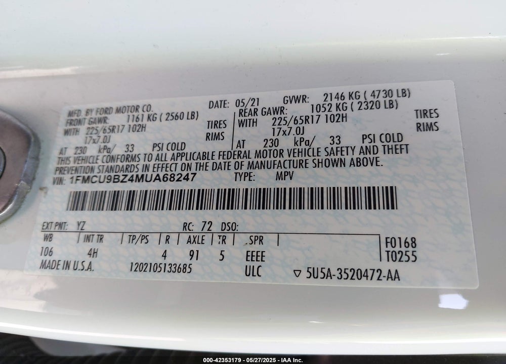 2021 FORD ESCAPE VIN: 1FMCU9BZ4MUA68247