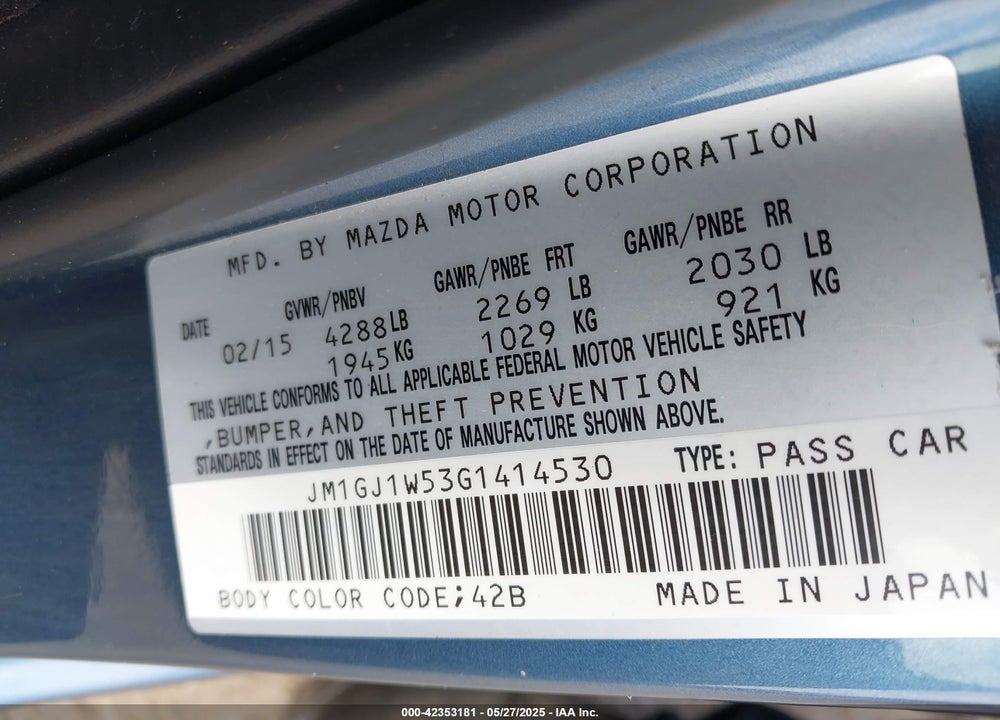 2016 MAZDA MAZDA6 VIN: JM1GJ1W53G1414530