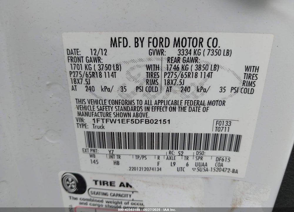 2013 FORD F-150 LARIAT VIN: 1FTFW1EF5DFB02151