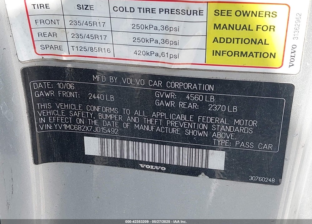 2007 VOLVO C70 T5 VIN: YV1MC682X7J015492