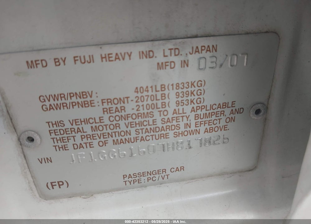 2007 SUBARU IMPREZA VIN: JF1GG61607H817826