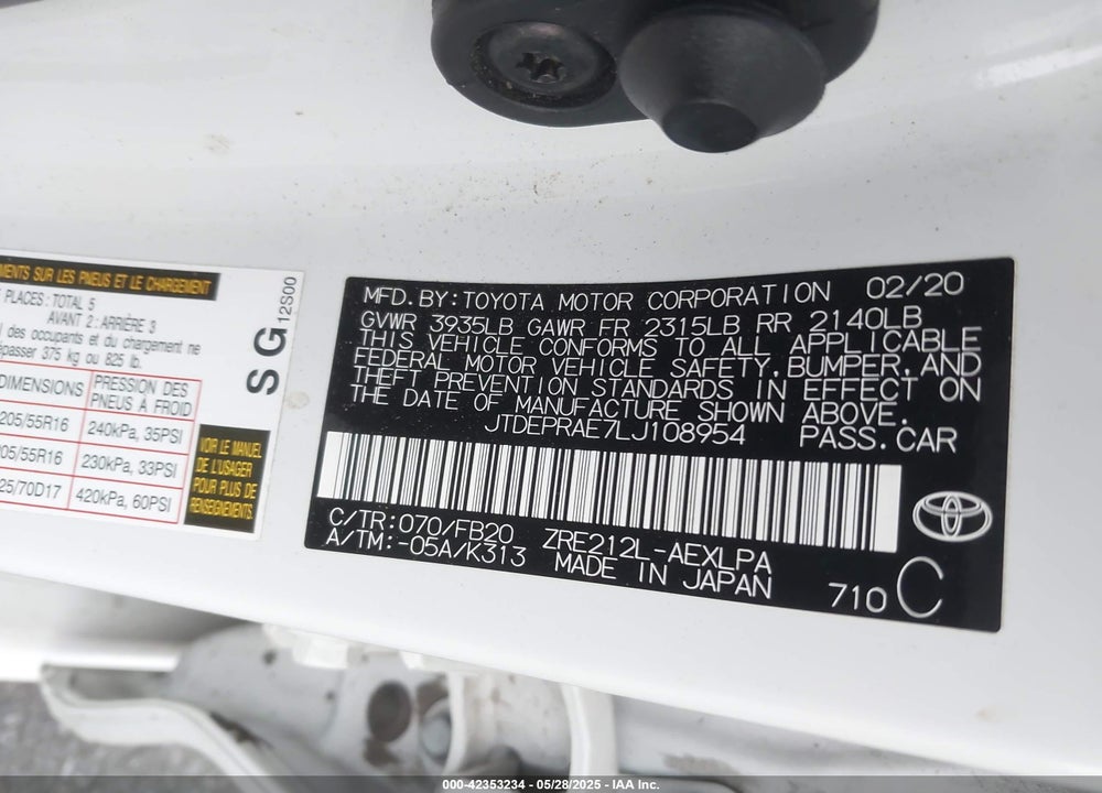 2020 TOYOTA COROLLA LE VIN: JTDEPRAE7LJ108954