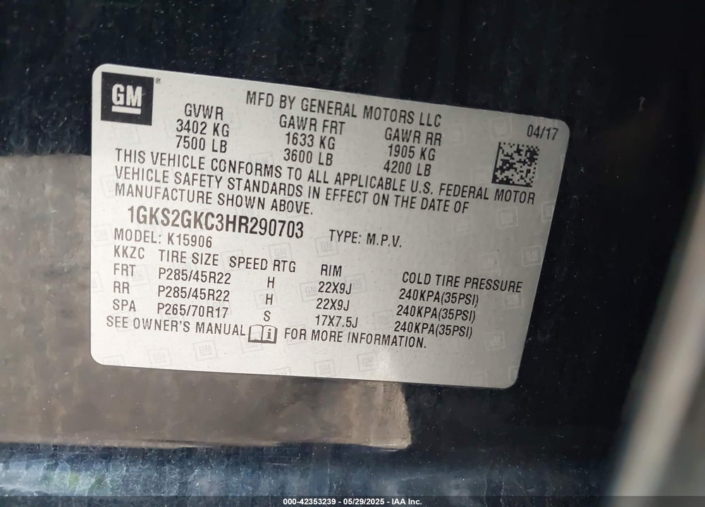 2017 GMC YUKON XL VIN: 1GKS2GKC3HR290703