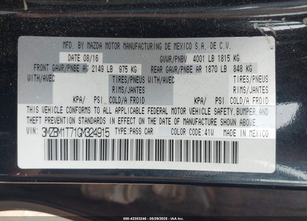 2016 MAZDA MAZDA3 VIN: 3MZBM1T71GM324915