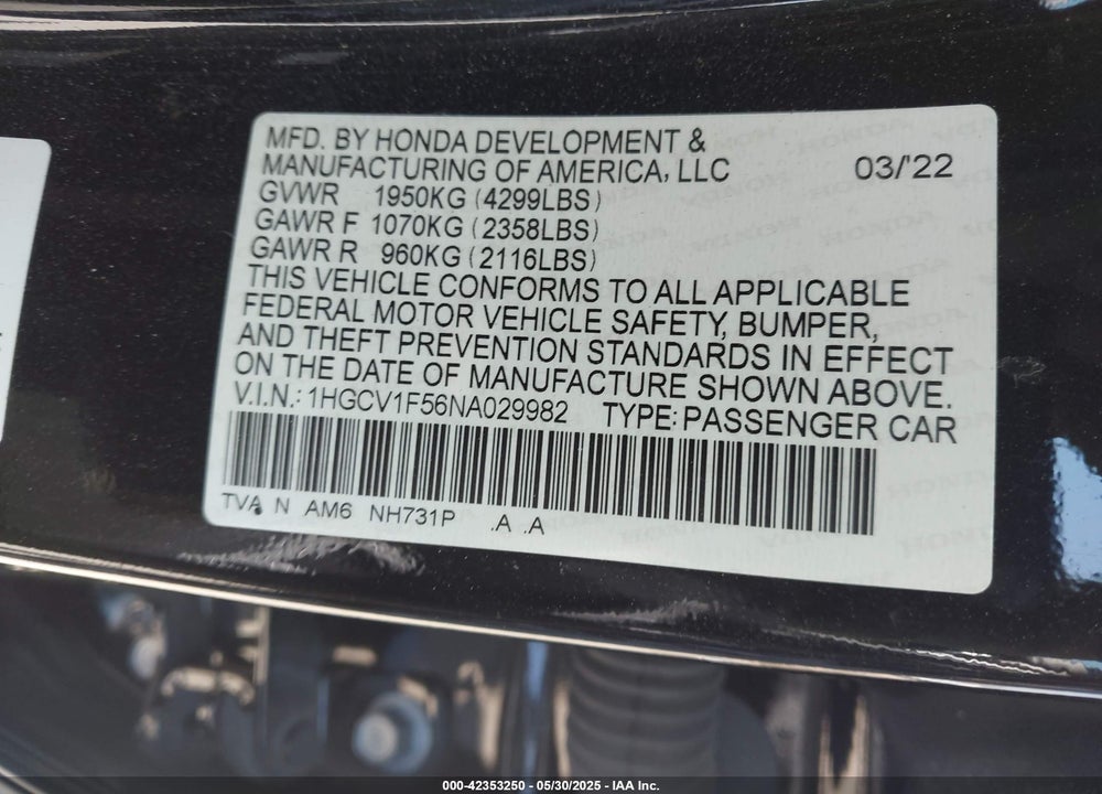 2022 HONDA ACCORD EX-L VIN: 1HGCV1F56NA029982