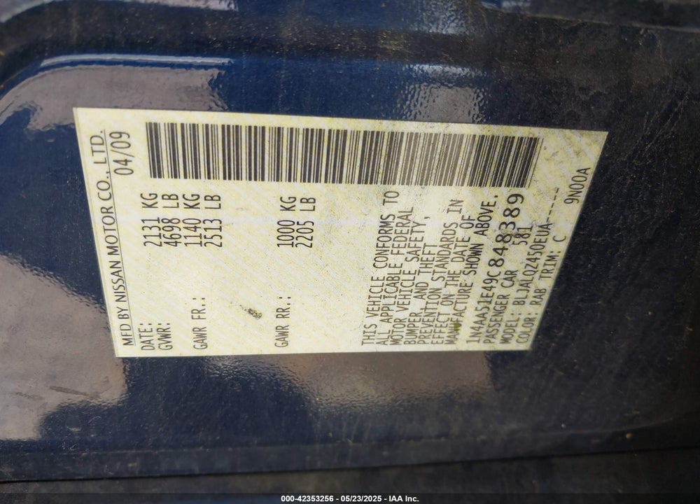 2009 NISSAN MAXIMA VIN: 1N4AA51E49C848389