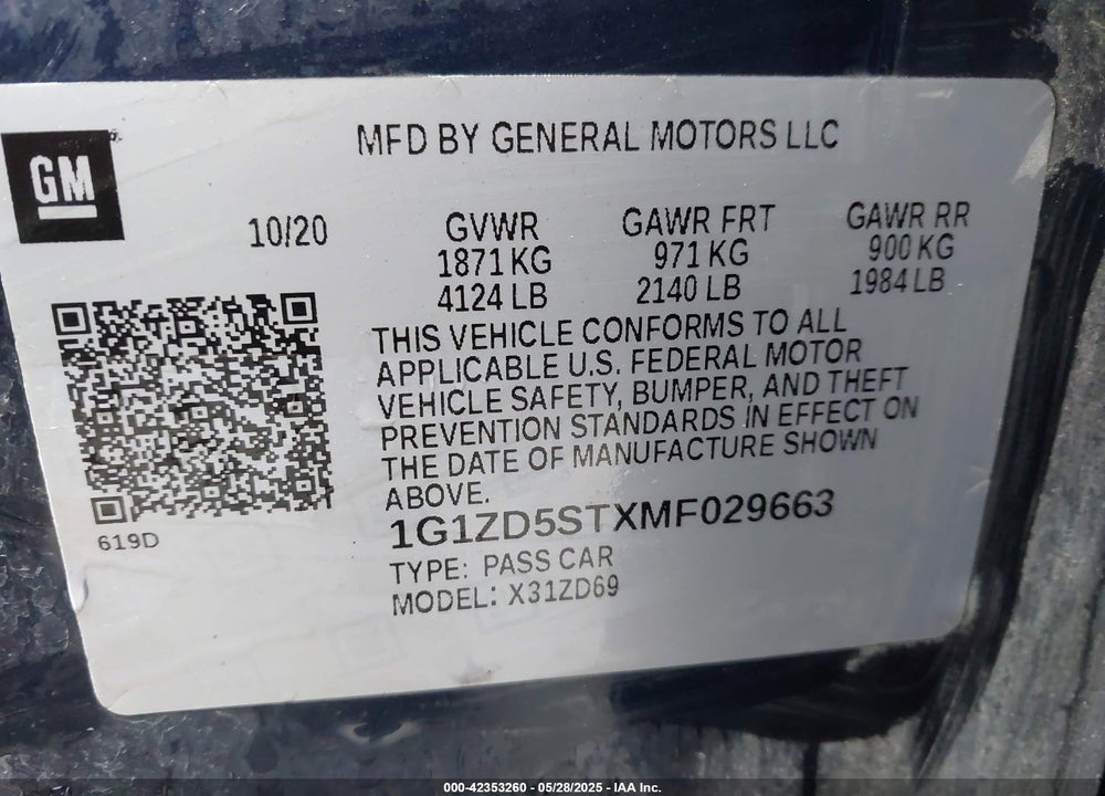 2021 CHEVROLET MALIBU VIN: 1G1ZD5STXMF029663