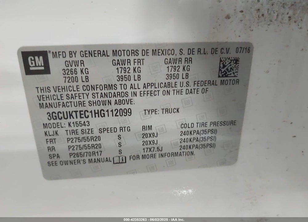 2017 CHEVROLET SILVERADO VIN: 3GCUKTEC1HG112099