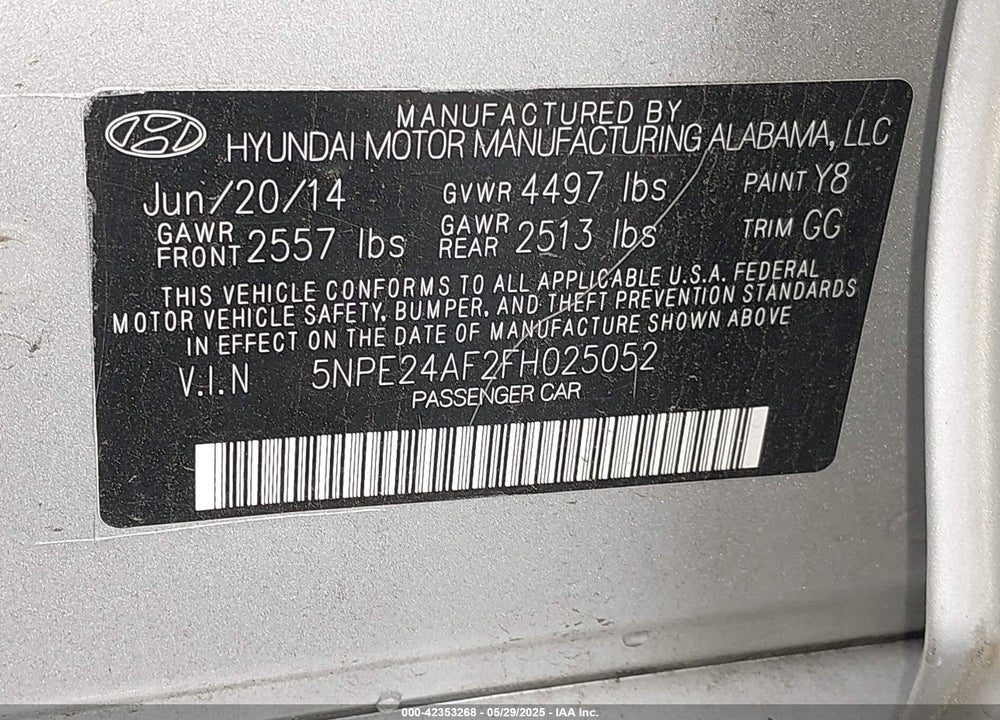 2015 HYUNDAI SONATA VIN: 5NPE24AF2FH025052