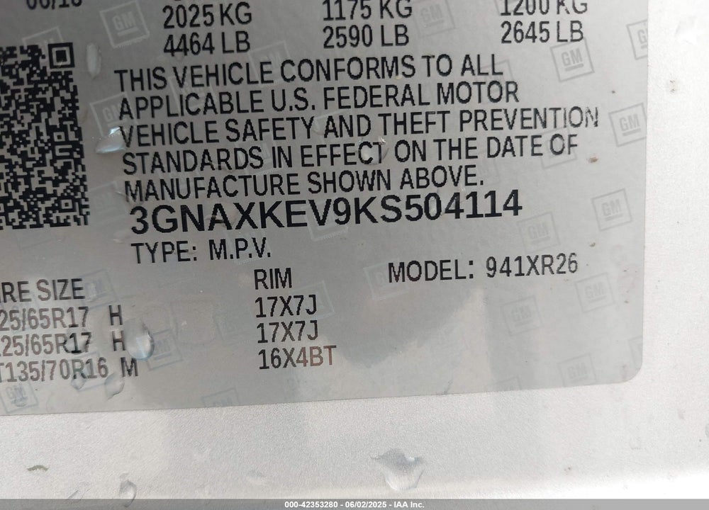 2019 CHEVROLET EQUINOX LT VIN: 3GNAXKEV9KS504114