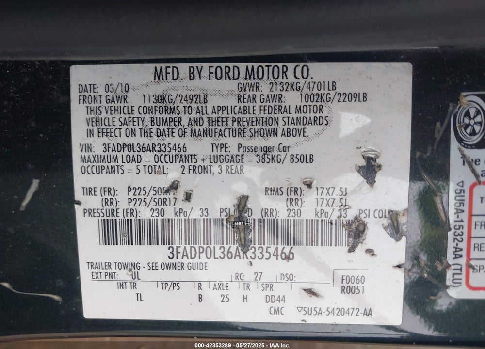 2010 FORD FUSION HYBRID VIN: 3FADP0L36AR335466