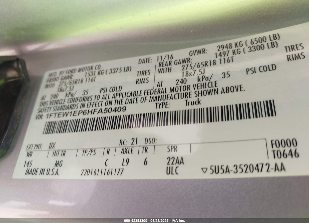 2017 FORD F-150 VIN: 1FTEW1EP6HFA50409