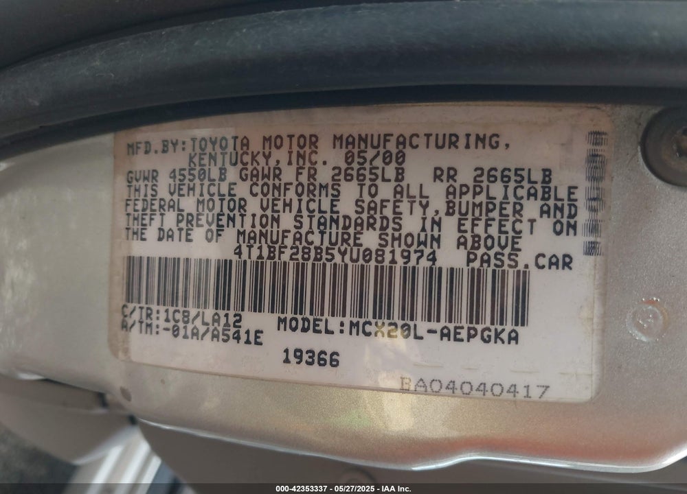 2000 TOYOTA AVALON XL/XLS VIN: 4T1BF28B5YU081974