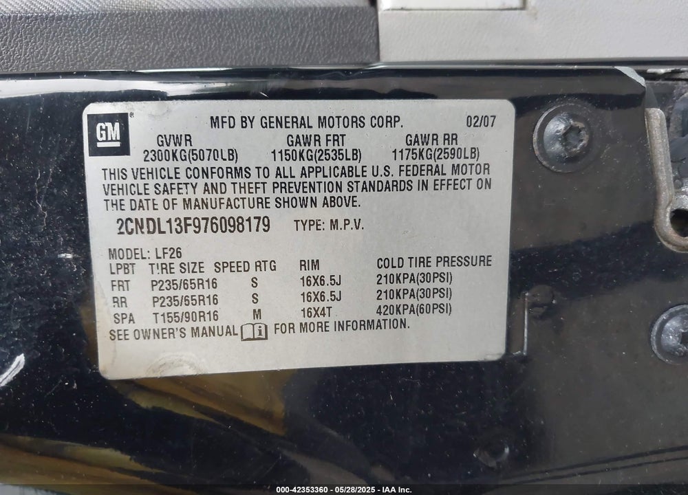 2007 CHEVROLET EQUINOX VIN: 2CNDL13F976098179