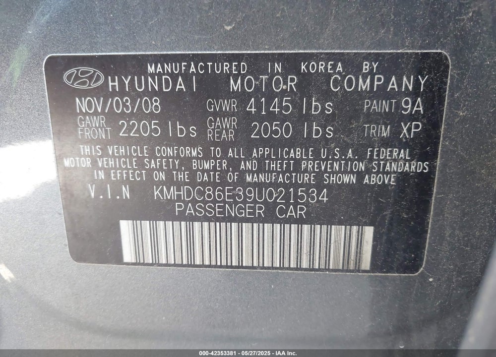2009 HYUNDAI ELANTRA TOURING VIN: KMHDC86E39U021534