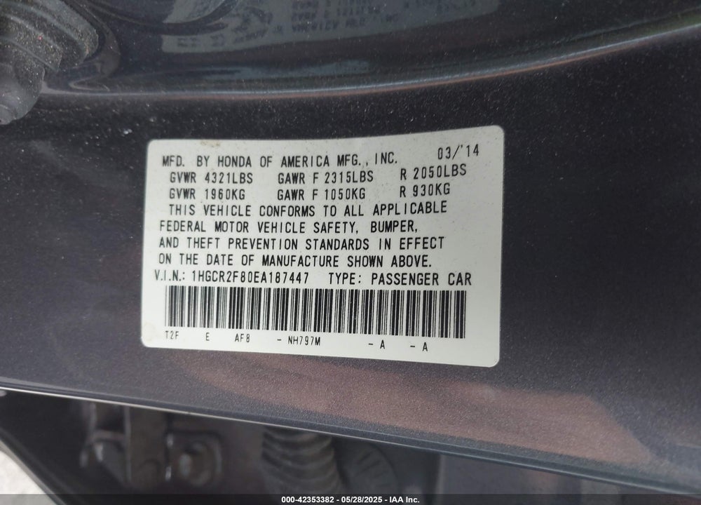 2014 HONDA ACCORD VIN: 1HGCR2F80EA187447