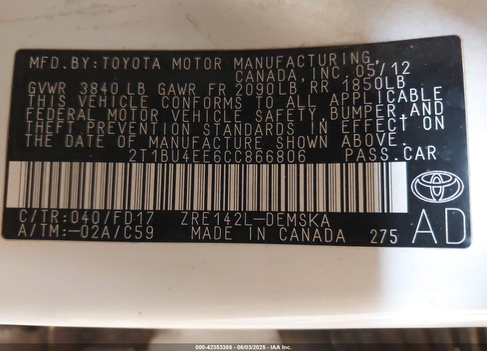 2012 TOYOTA COROLLA VIN: 2T1BU4EE6CC866806