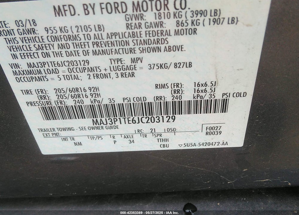 2018 FORD ECOSPORT VIN: MAJ3P1TE6JC203129