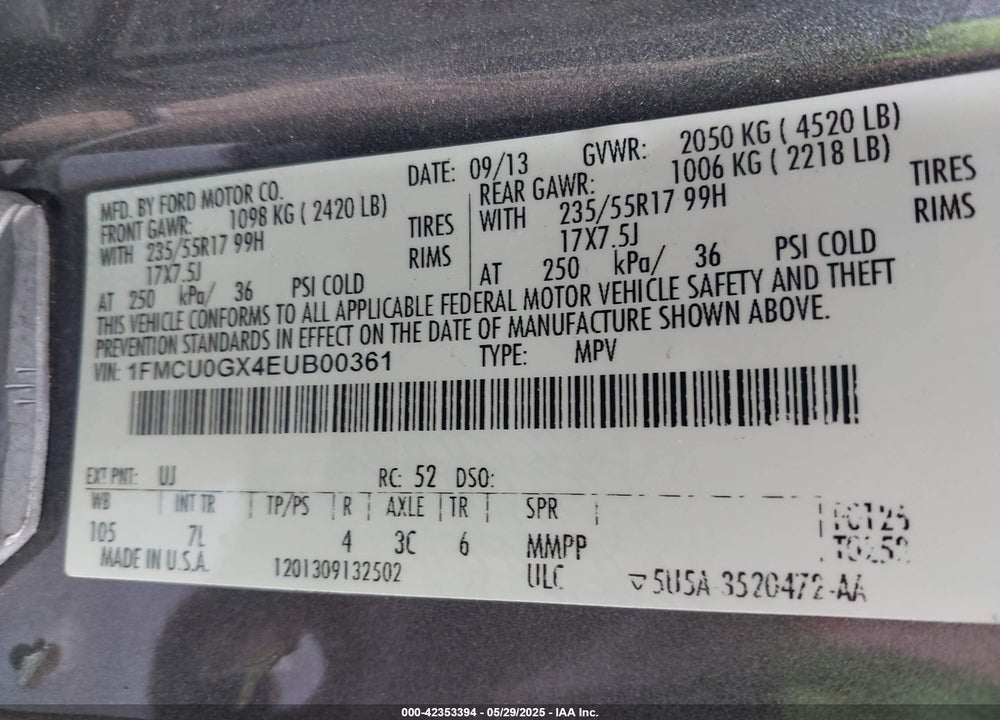 2014 FORD ESCAPE SE VIN: 1FMCU0GX4EUB00361