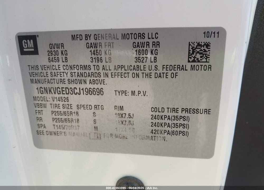 2012 CHEVROLET TRAVERSE 1LT VIN: 1GNKVGED3CJ196696