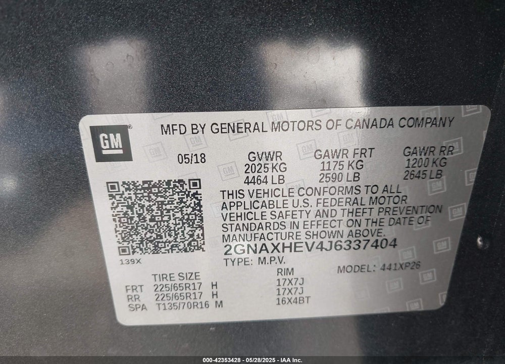 2018 CHEVROLET EQUINOX VIN: 2GNAXHEV4J6337404
