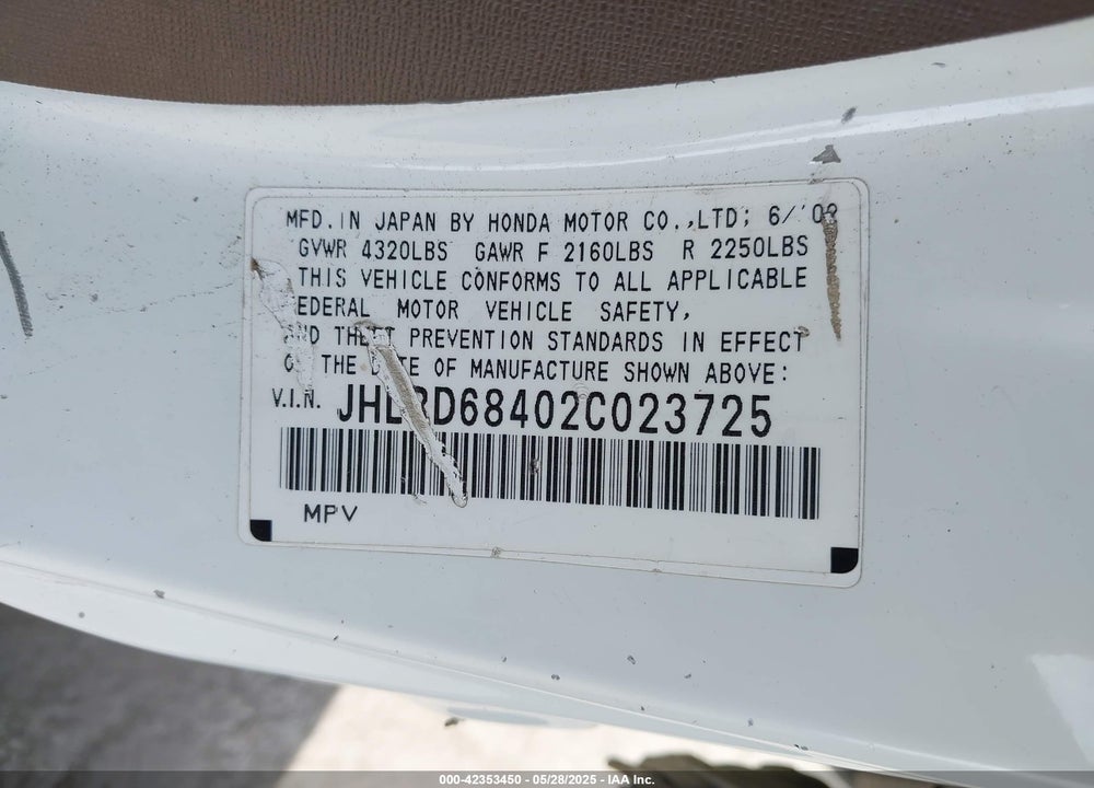 2002 HONDA CR-V LX VIN: JHLRD68402C023725