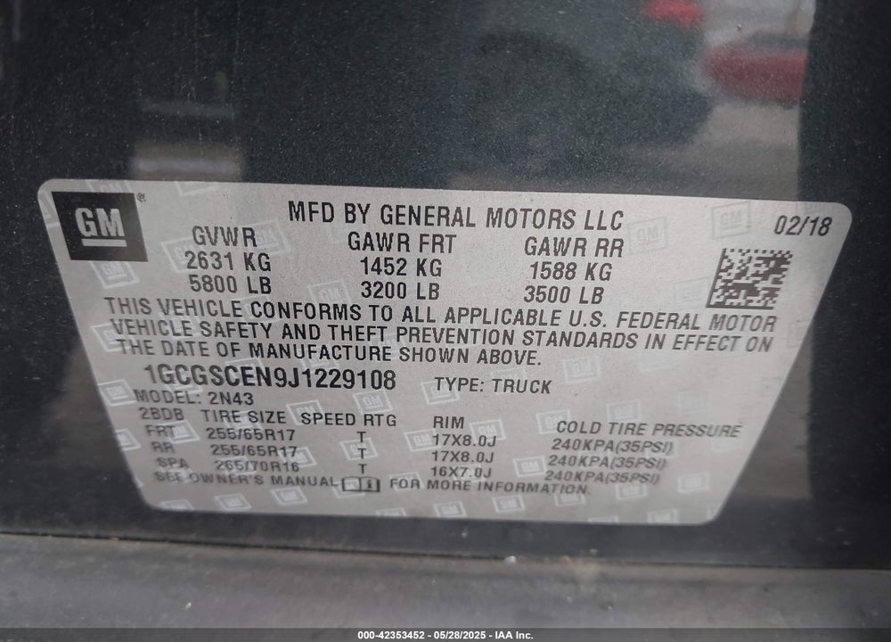 2018 CHEVROLET COLORADO VIN: 1GCGSCEN9J1229108