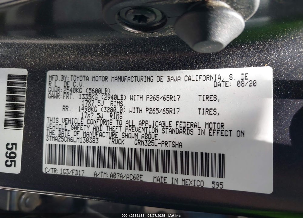 2020 TOYOTA TACOMA TRD OFF ROAD VIN: 3TMAZ5CN6LM138383