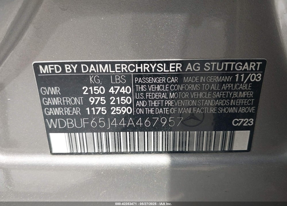 2004 MERCEDES-BENZ E 320 VIN: WDBUF65J44A467957