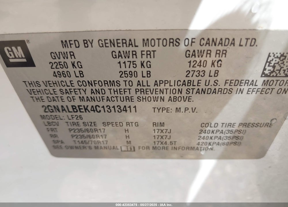 2012 CHEVROLET EQUINOX LS VIN: 2GNALBEK4C1313411