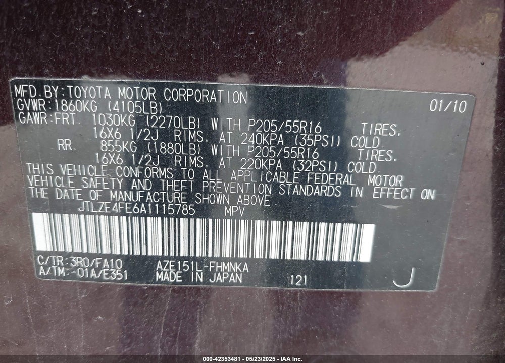 2010 SCION XB VIN: JTLZE4FE6A1115785