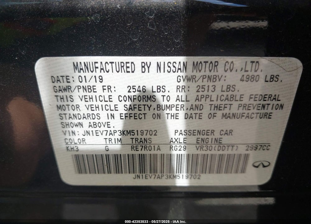 2019 INFINITI Q50 VIN: JN1EV7AP3KM519702