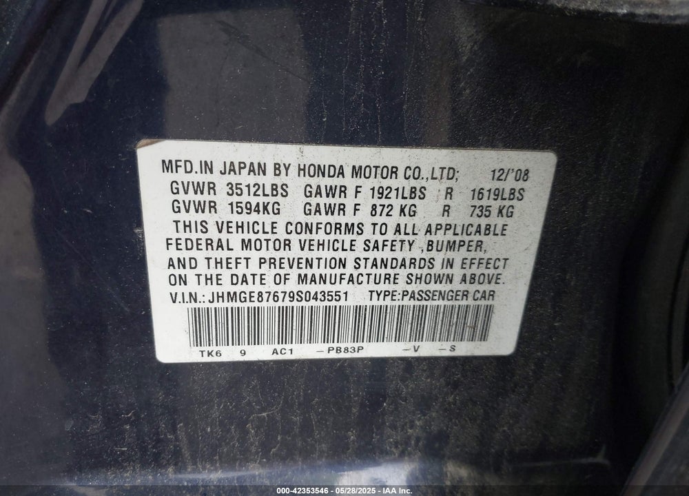 2009 HONDA FIT VIN: JHMGE87679S043551