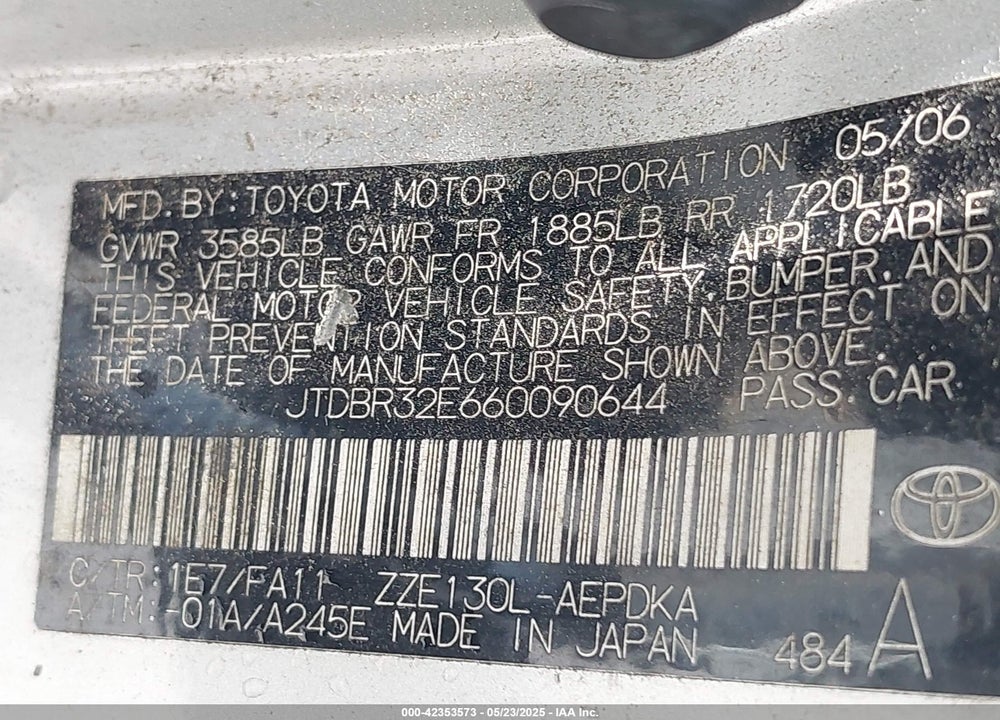 2006 TOYOTA COROLLA VIN: JTDBR32E660090644