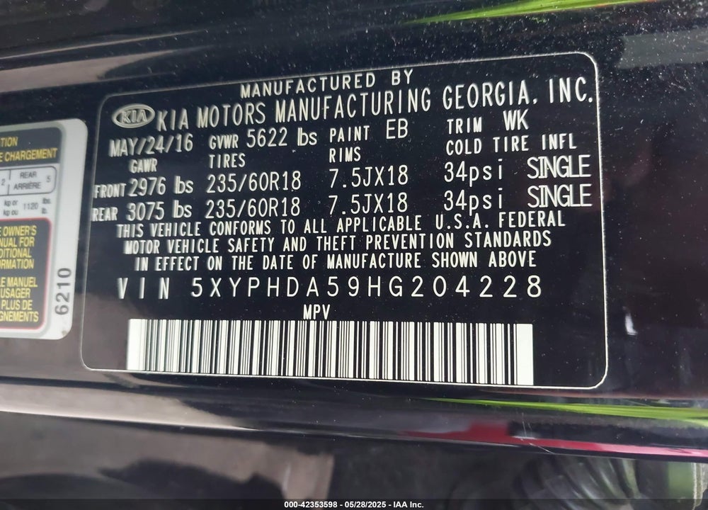 2017 KIA SORENTO VIN: 5XYPHDA59HG204228