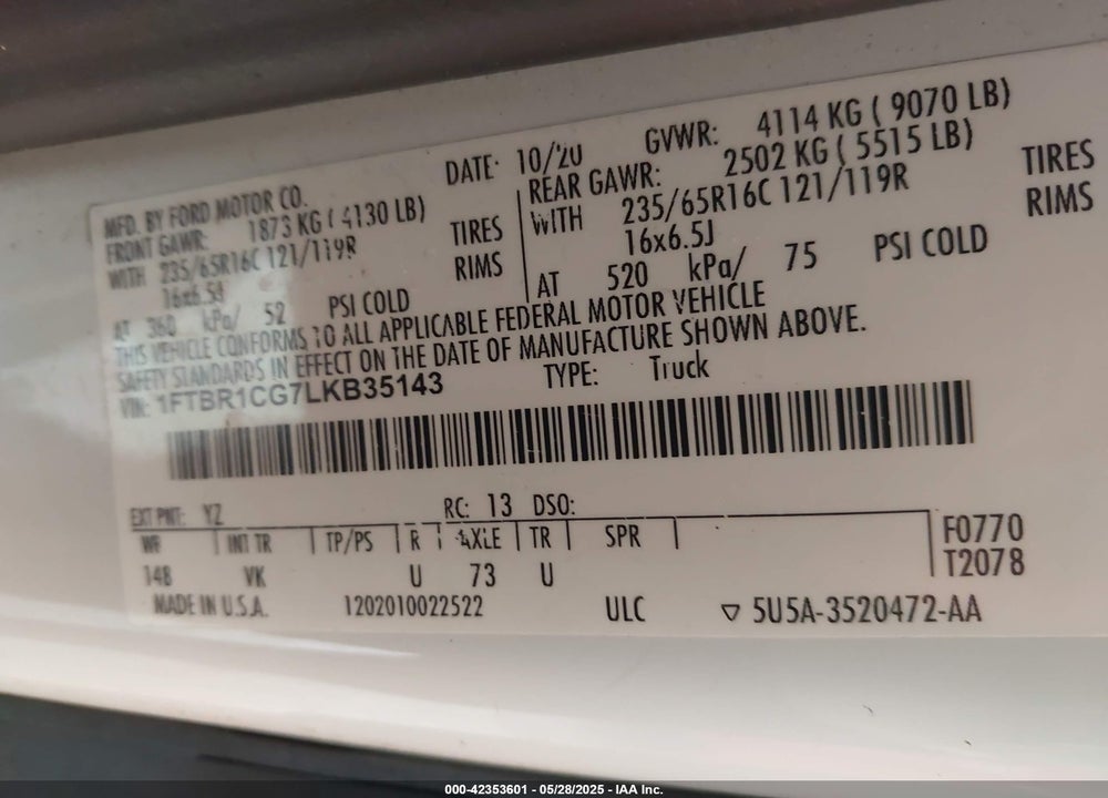 2020 FORD TRANSIT-250 VIN: 1FTBR1CG7LKB35143