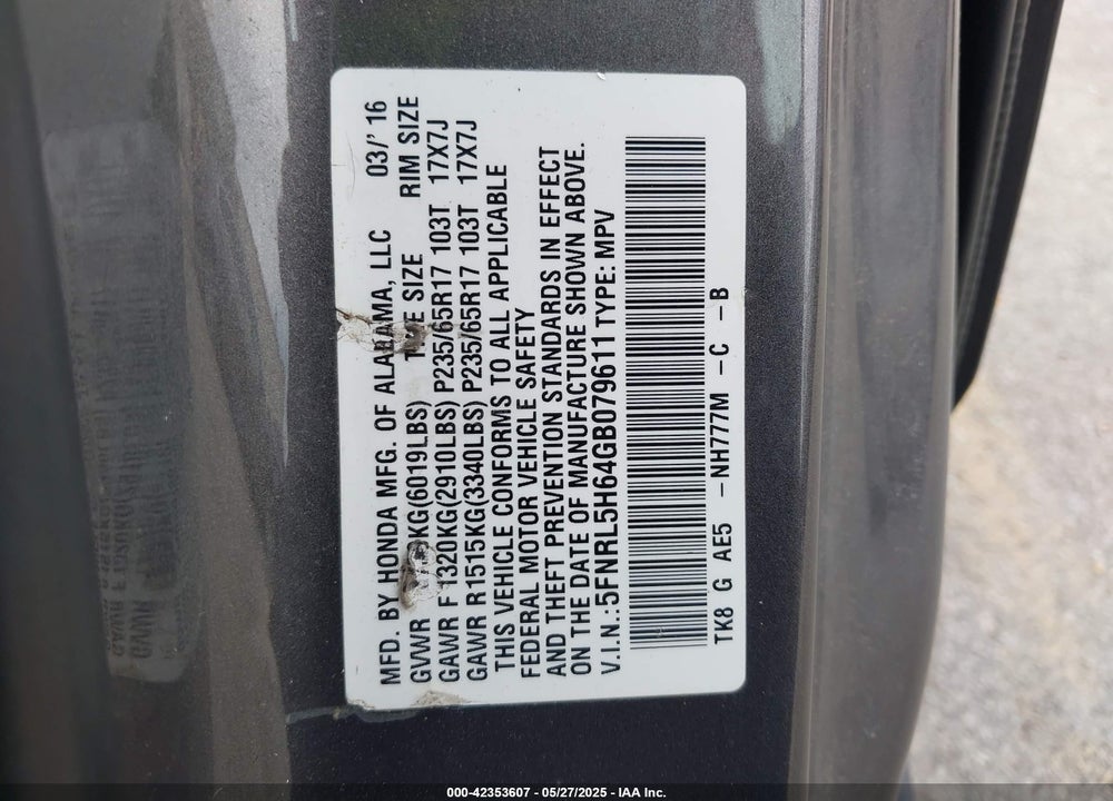 2016 HONDA ODYSSEY VIN: 5FNRL5H64GB079611