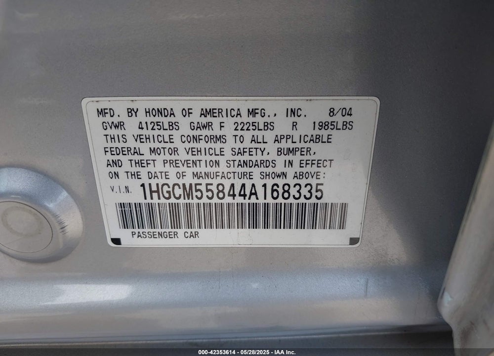 2004 HONDA ACCORD 2.4 EX VIN: 1HGCM55844A168335