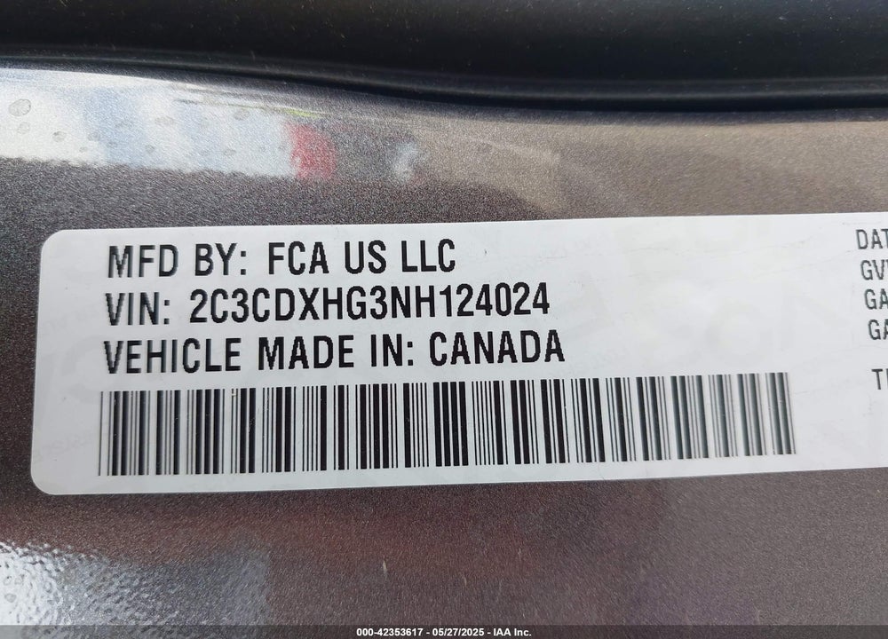 2022 DODGE CHARGER VIN: 2C3CDXHG3NH124024