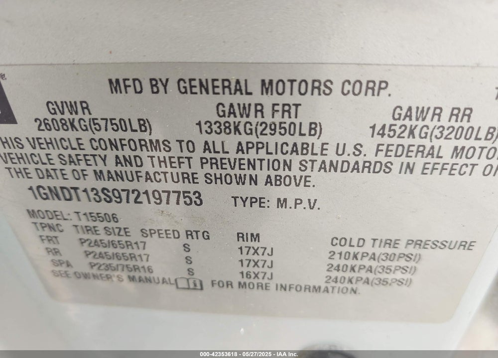2007 CHEVROLET TRAILBLAZER VIN: 1GNDT13S972197753