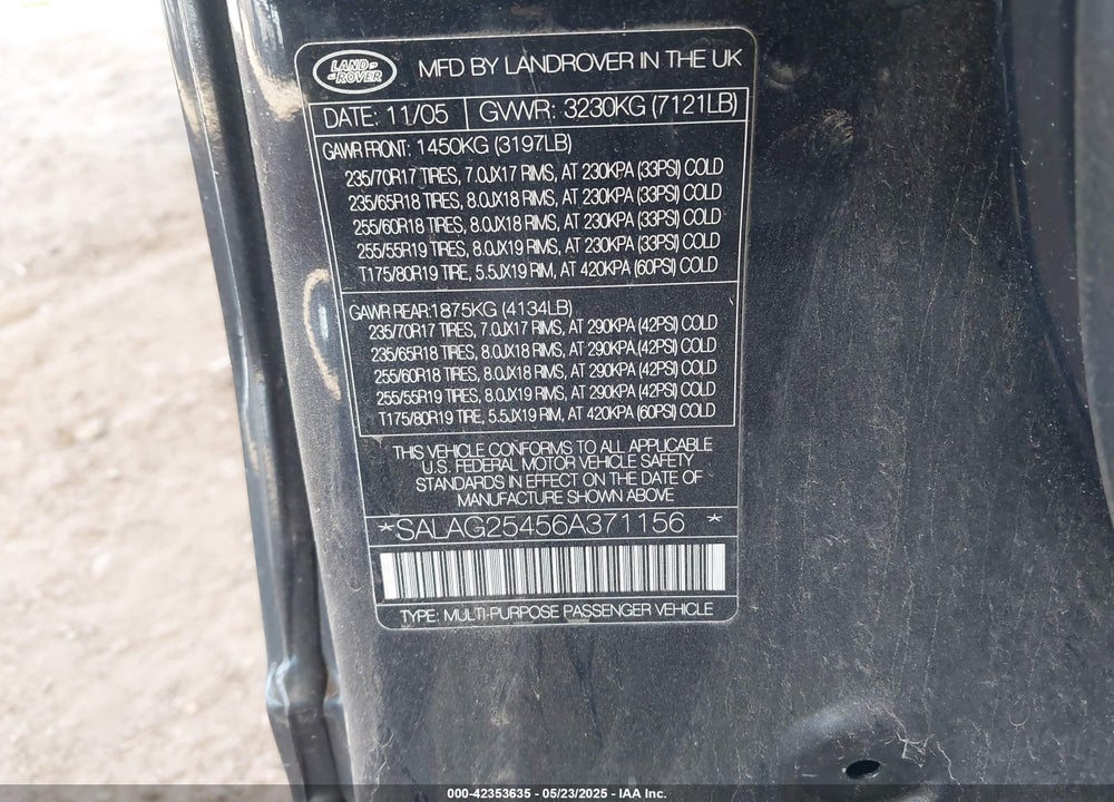 2006 LAND ROVER LR3 VIN: SALAG25456A371156